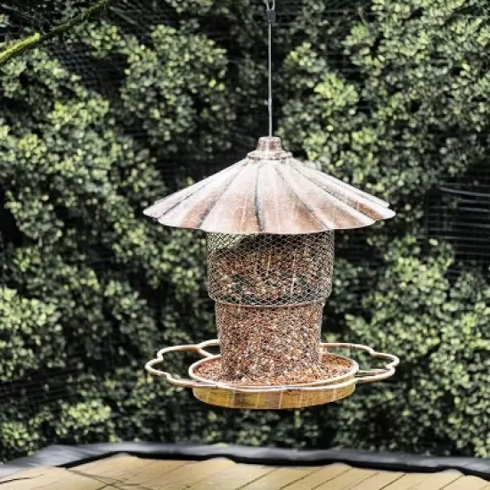 phiestina Bird Feeder with Lid, Heavy-Duty Metal, Petals-Shaped Roof, 360&deg; Feeding Ports, Bronze image {6}
