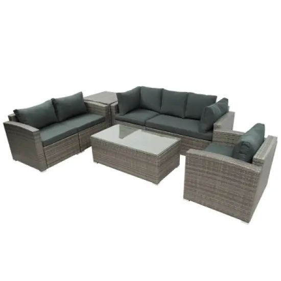 7pc Wicker Patio Seating Set with Cushions & Storage Box - Gray - GODEER image {9}