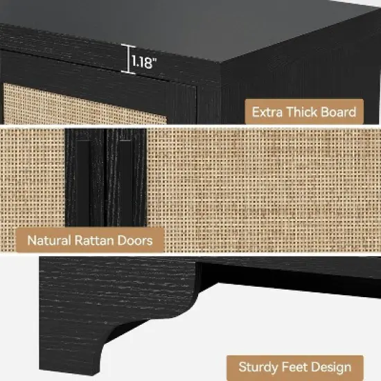 TV Stand for TVs Up to 70'', Natural Rattan Entertainment Center with Storage Cabinets, Boho Media Console Table for Living Room image {4}