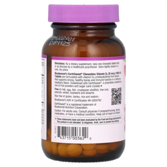 Bluebonnet Nutrition EarthSweet&reg; Chewables, Vitamin D3, Raspberry, 25 mcg (1,000 IU), 90 Chewable Tablets image {2}