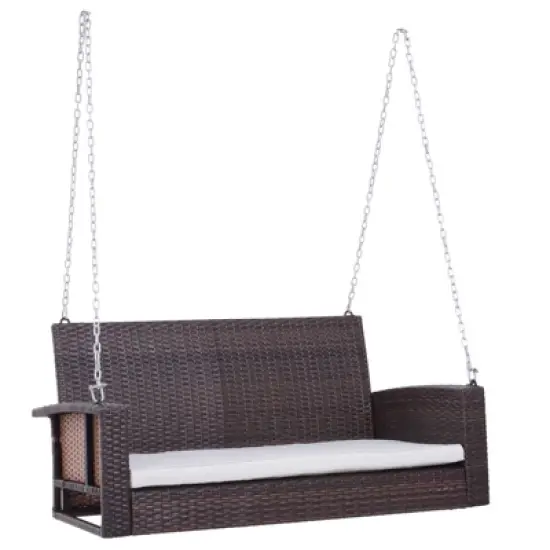 Outsunny 2-Person Wicker Hanging Porch Swing Bench Outdoor Chair with Cushions image {3}