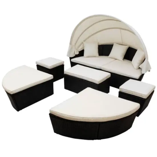 6pc Wicker Round Outdoor Sectional Set with Cushions - Black/Beige - GODEER image {6}