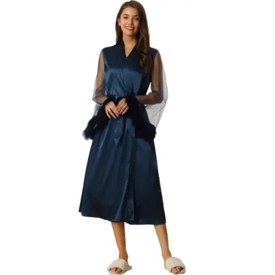 cheibear Women's Satin Robe Feather Trim Bridesmaid Bathrobe Mesh Long Sleeve Bridal Party Sleepwear image {6}