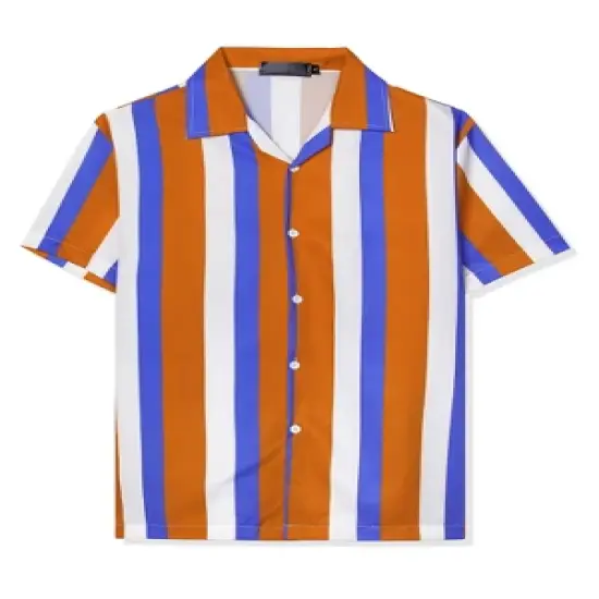 Lars Amadeus Men's Summer Stripe Printed Regular Fit Short Sleeves Button Closure Color Block Shirts image {6}