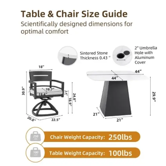 5-Piece Aluminum Outdoor Patio Dining Set, 44" Square Sintered Stone Table and 4 Swivel Rocker Chairs with Sunbrella Cushions - Cuddlewood image {3}