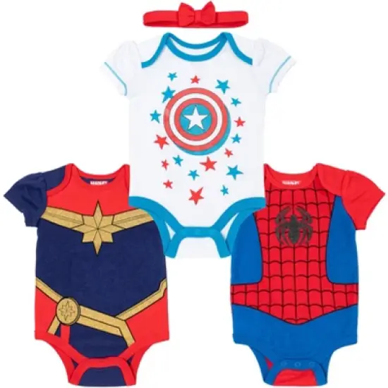 Marvel Avengers Captain Captain America Spider-Man Baby Girls Cuddly Short Sleeve Bodysuit and Headband Captain Marvel, Captain America, Spider-Girl  image {9}