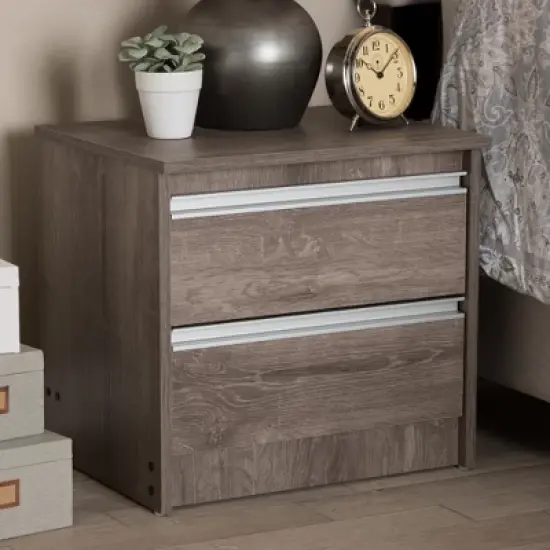 Gallia Modern and Contemporary Oak Finished 2 Drawer Nightstand Brown - Baxton Studio image {6}