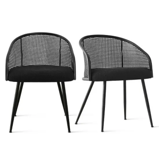 Set of 4 Rattan Dining Chairs, Upholstered Armchairs with Boucl&eacute; Fabric, Metal Legs, and Mesh Cane Back for Kitchen & Dining Room-Maison Boucle image {3}