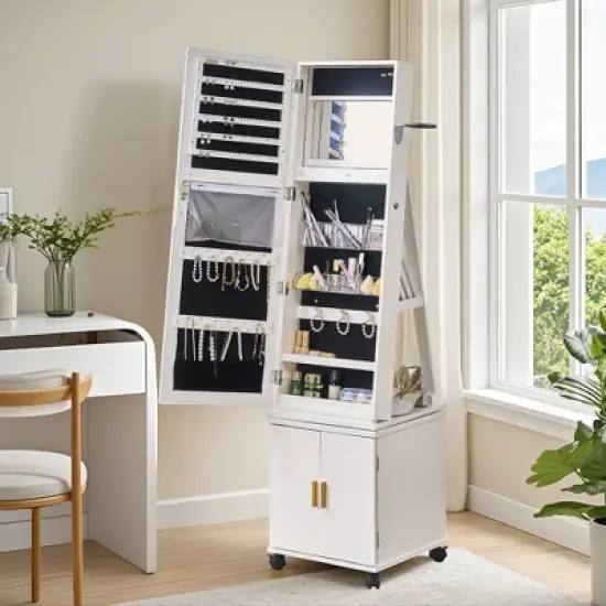 VECELO Mirrored Jewelry Cabinet 360&deg; Swivel Freestanding Jewelry Organizer LED-Lit Makeup Organizer with Bottom Storage Cabinet, White image {5}