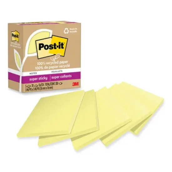 Post-it Notes Super Sticky 100% Recycled Paper Super Sticky Notes, 3" x 3", Canary Yellow, 70 Sheets/Pad, 5 Pads/Pack image {4}