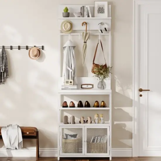 Coat Rack Shoe Storage White Hall Tree with Doors 72.8in Narrow Coat Tree Shoe Shelf Organizer with 7 Hooks image {2}