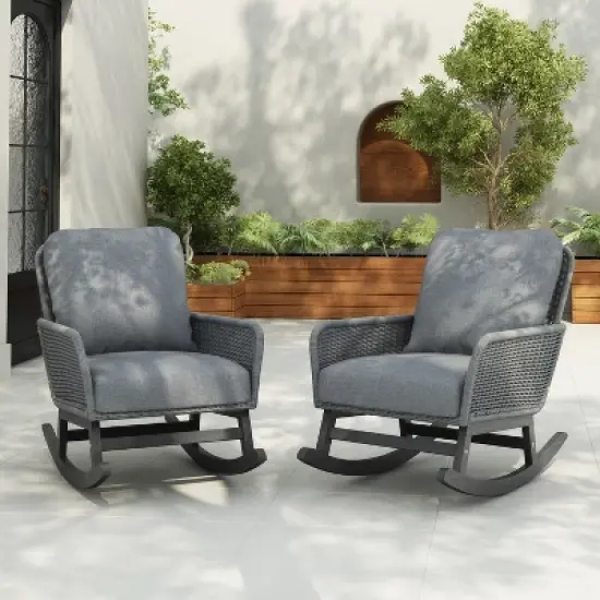 Christopher Knight Home Tamid Outdoor Rustic Wood, Rattan and Metal Rocking Chair with Cushion (Set of 2) image {9}