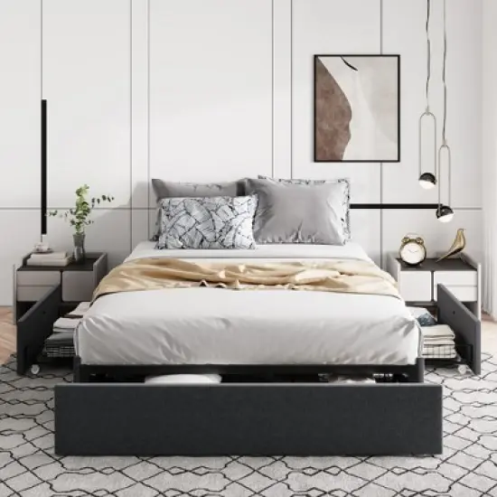 Platform Bed Frame with 3 Storage Drawers, Fabric Upholstered, Wooden Slats Support, No Box Spring Needed, Noise Free, Easy Assembly, Dark Grey image {6}