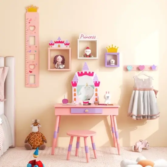 Costway Kids Vanity Set Princess Makeup Pretend Play Dressing Mirror Castle Girls Pink image {1}
