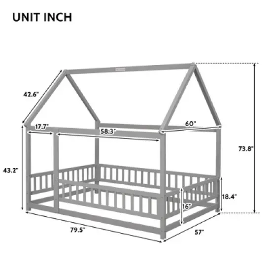 Okak Full Size Bed Frame with House-Style Roof & Fences,Modern Floor Bed for Toddlers/Kids Bedroom image {2}