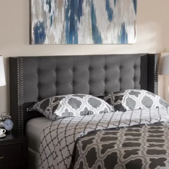 Queen Ginaro Modern and Contemporary Fabric Button Tufted Nail Head Winged Headboard Dark Gray - Baxton Studio image {3}