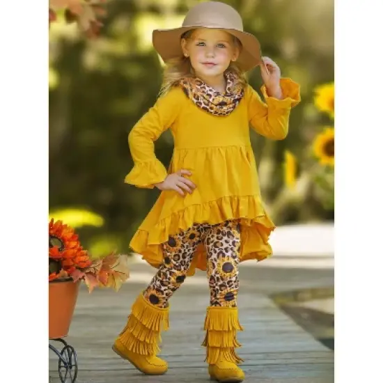 Girls Sunflower Leopard Print Tunic, Legging & Scarf Set - Mia Belle Girls image {2}