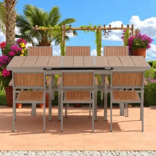 Outdoor Dining Set - Extendable Table (62.9" to 82.6") with 6 Chairs, Plastic Wood & Iron Frame, Flexible Layout for Backyard, Patio, and Garden Use image {1}