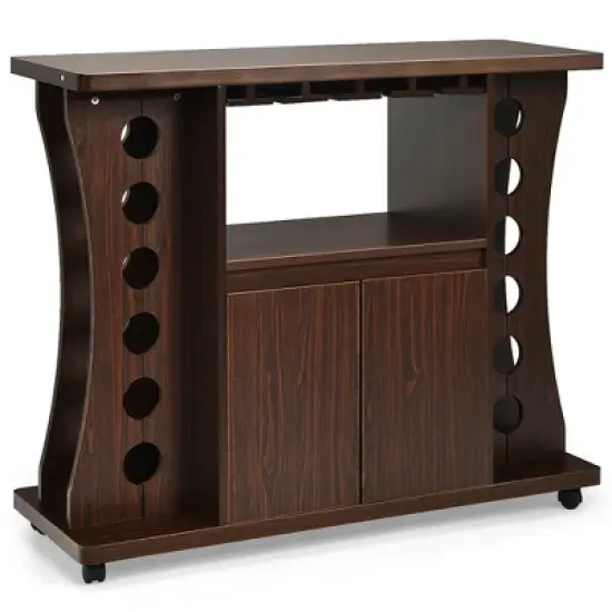 Costway Rolling Buffet Sideboard Wooden Bar Storage Cabinet w/ Wine Rack & Glass Holder image {4}