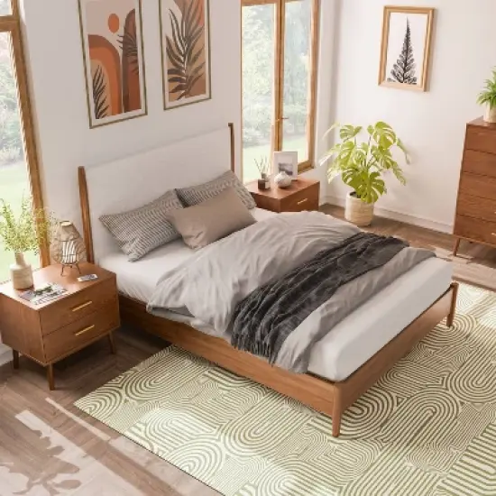 HOMES: Inside + Out 3pc Full Riverstone Mid-Century Modern Boucle Bedroom Set with 2 Nightstands Walnut image {1}