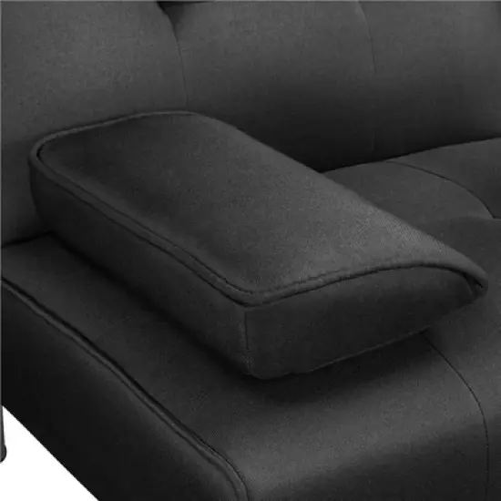 Yaheetech Convertible Futon Sofa Bed Tufted Fabric Futon with Cupholders and Pillows image {7}