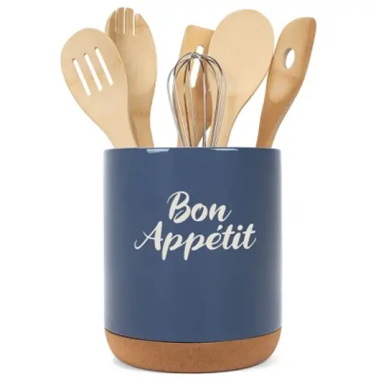 Elanze Designs Bon Appetit Chef Culinary Arts Ceramic Cork Bottom Navy Blue Large Capacity Utensil Holder Crock for Countertop Storage, Stylish & image {4}