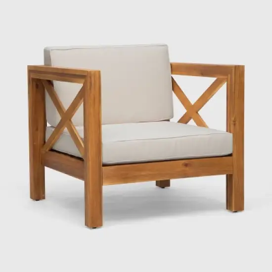 Brava 5pc Acacia Wood Sectional Sofa & Club Chair Set - Teak/Beige - Christopher Knight Home image {2}