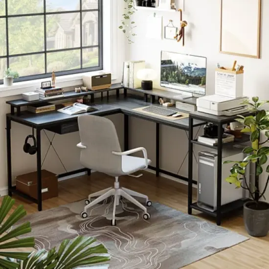 L Shaped Gaming Desk,68" Computer Desk with Power Outlets & LED Lights, Corner Desk with Monitor Shelf and Hook, Two Person Desk image {9}