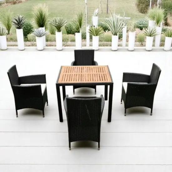 Mshliw 5-Piece Outdoor Patio Wicker Dining Set, Black Wicker with Acacia Wood Top and Creme Cushions for Garden, Courtyard, or Balcony image {8}