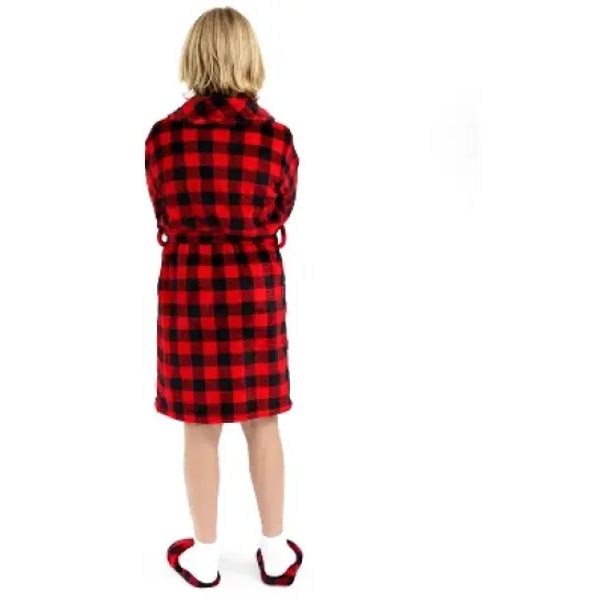 Sleep On It Boys Red Buffalo Plaid Plush Fleece Shawl Collar Robe with Matching Slippers image {3}