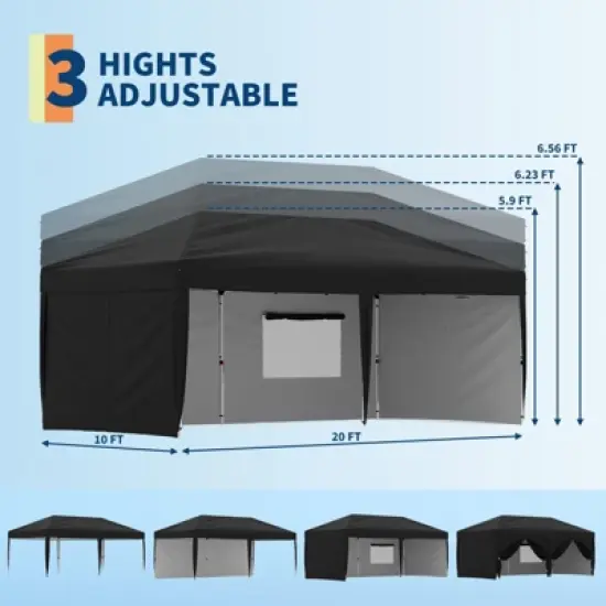 10x20 Pop Up Canopy Tent with 4 Sidewalls,Heavy Duty Outdoor Canopy with 3 Adjustable Height, Commercial Street Vendors Party Tents image {6}