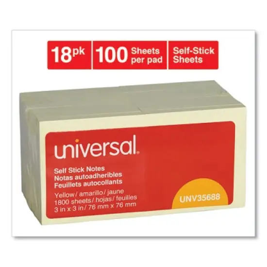 Universal Self-Stick Note Pad Value Pack, 3" x 3", Yellow, 100 Sheets/Pad, 18 Pads/Pack image {1}