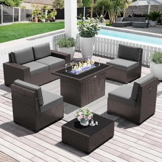 LayinSun 7 Pieces Outdoor Patio Furniture Set with 44" Fire Pit Table Brown Rattan Sectional Sofa Conversation Sets image {10}