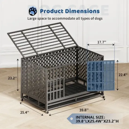 XBRIGH 48-Inch Heavy Duty Tin Dog Crate with Wheels, Sturdy Door Lock, Double Doors and Removable Tray Design image {6}