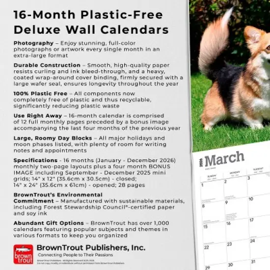BrownTrout For the Love of Welsh Corgis 2026 14"x24" Hanging Deluxe Wall Calendar Plastic-Free image {5}