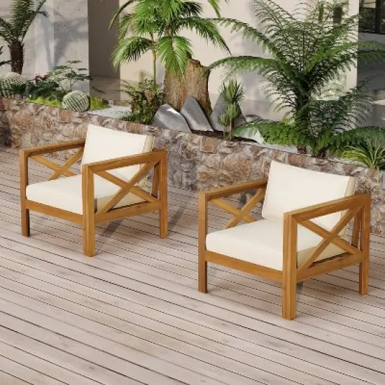 FIONECA Patio Conversation Set, 2 Acacia Wood Armchairs with Beige Cushions & Side Table, Outdoor Leisure Set for Backyard, Lawn, Balcony image {2}