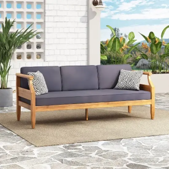 Aston Outdoor Mid-Century Modern Acacia Wood Sofa with Water-Resistant Cushions - Christopher Knight Home image {2}
