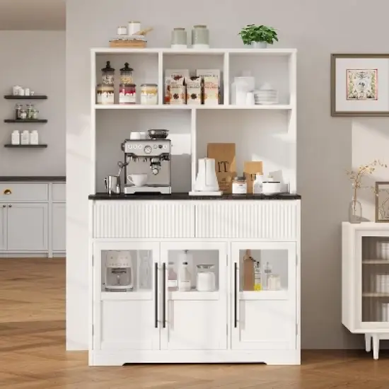 60'' Kitchen Pantry Cabinet, Tall Pantry Storage Cabinet with Microwave Stand, Farmhouse Kitchen Hutch with Storage Drawers image {8}