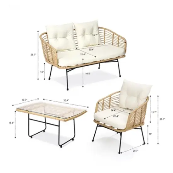 4-Piece PE Rattan Patio Set w/ Loveseat, Sofa & Coffee Table - Outdoor Conversation Set for Backyard image {7}