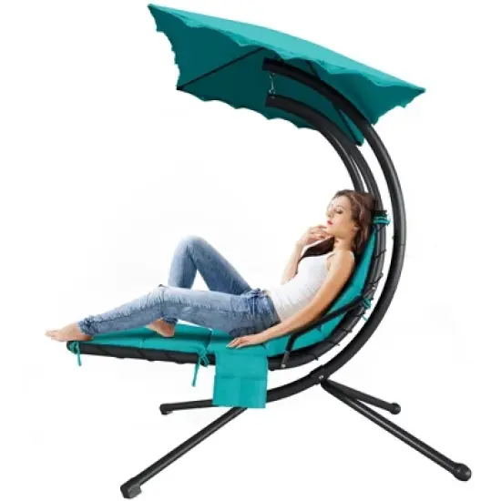 Chaise Lounger Swing Chair with Umbrella Canopy, Patio Hanging Chaise Lounger Chair with Stand, Curved Steel Outdoor Lounge image {9}