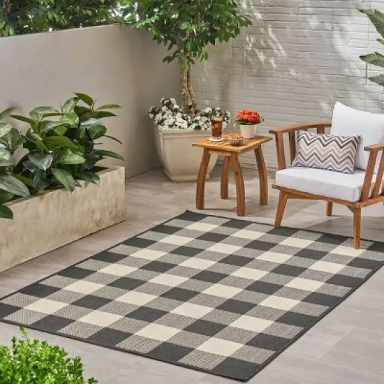 Crossroads Check Outdoor Rug Black/Ivory - Christopher Knight Home image {2}