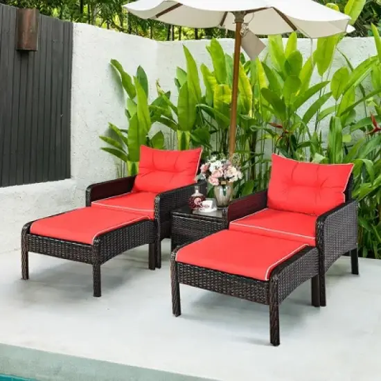 Costway 5 PCS Patio Rattan Furniture Set Sofa Ottoman Table Cushioned Yard Red image {3}