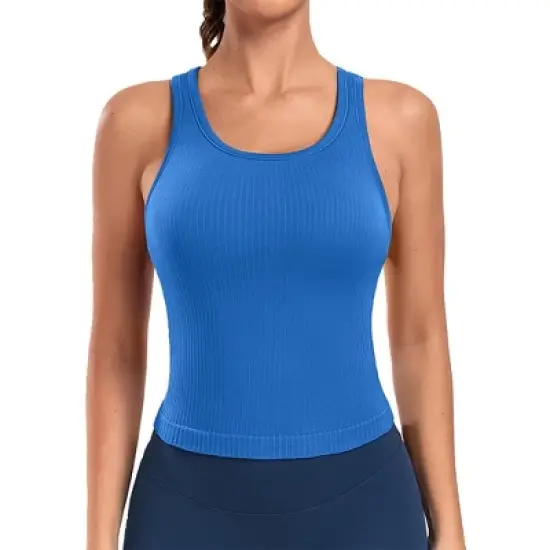 Attraco Women's Workout Tank Tops with Built in Bra Ribbed Seamless Yoga Tanks Tight Fit Sport Tops image {12}