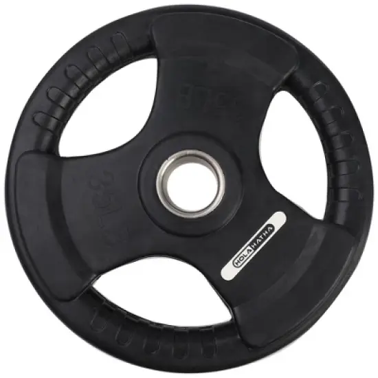 HolaHatha 35-Pound Olympic Rubber Coated Solid Cast Iron Weight Plate with Tri Grip Handle for Full Body Strength Training Workouts, Black image {1}