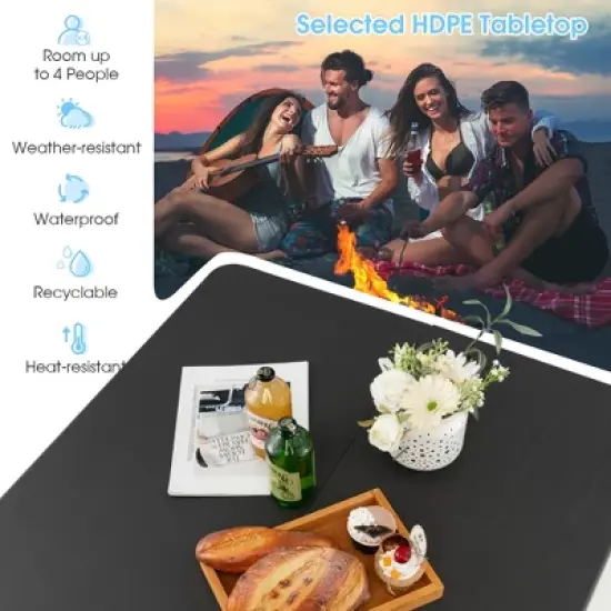 Costway Folding Camping Table Portable HDPE Outdoor Picnic Dining Table w/ Handle White\Grey image {5}