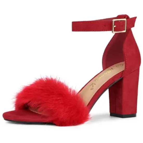 Allegra K Women's Faux Fur Ankle Strap Block Heels Sandals image {12}
