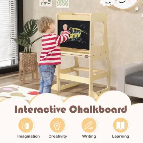 Costway 3-in-1 Foldable Kitchen Standing Tower for Toddlers with Chalkboard Weaning Table Natural image {7}