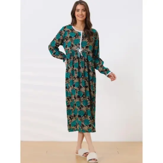 cheibear Womens Pajamas Loungewear Long Sleeve Round Neck Midi Nightgown image {1}
