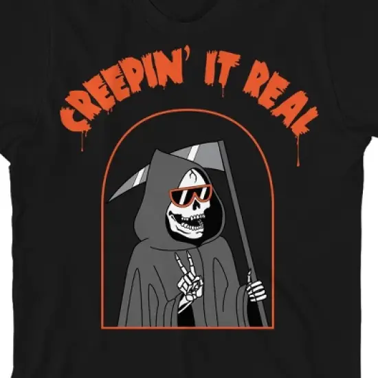 Kids Halloween Peace Sign Grim Reaper "Creepin' It Real" Unisex Youth Black Short Sleeve Crew Neck Tee image {1}