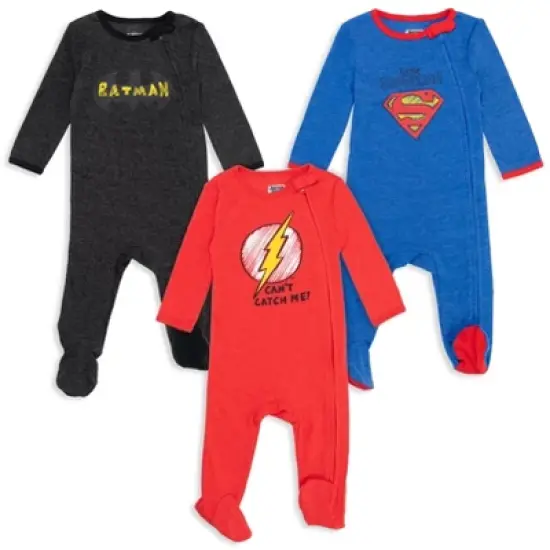 DC Comics Justice League The Flash Superman Batman Baby 3 Pack Zip Up Sleep N' Play Coveralls Newborn to Infant  image {9}